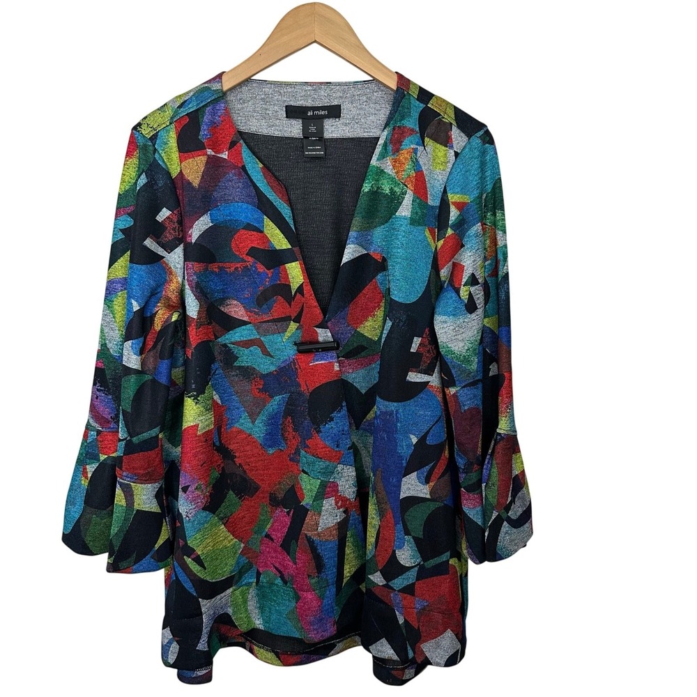 Ali Miles Abstract Art Cardigan Top Toggle Closure Womens Large Colorful Artsy